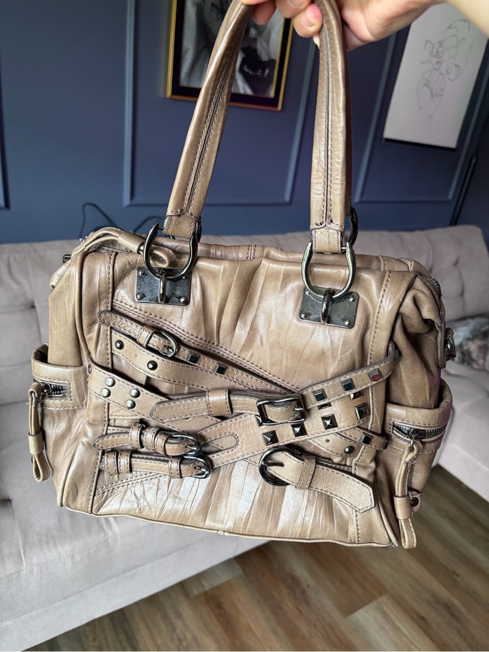 Taupe Leather Stud-Accent Satchel Handbag Y2K